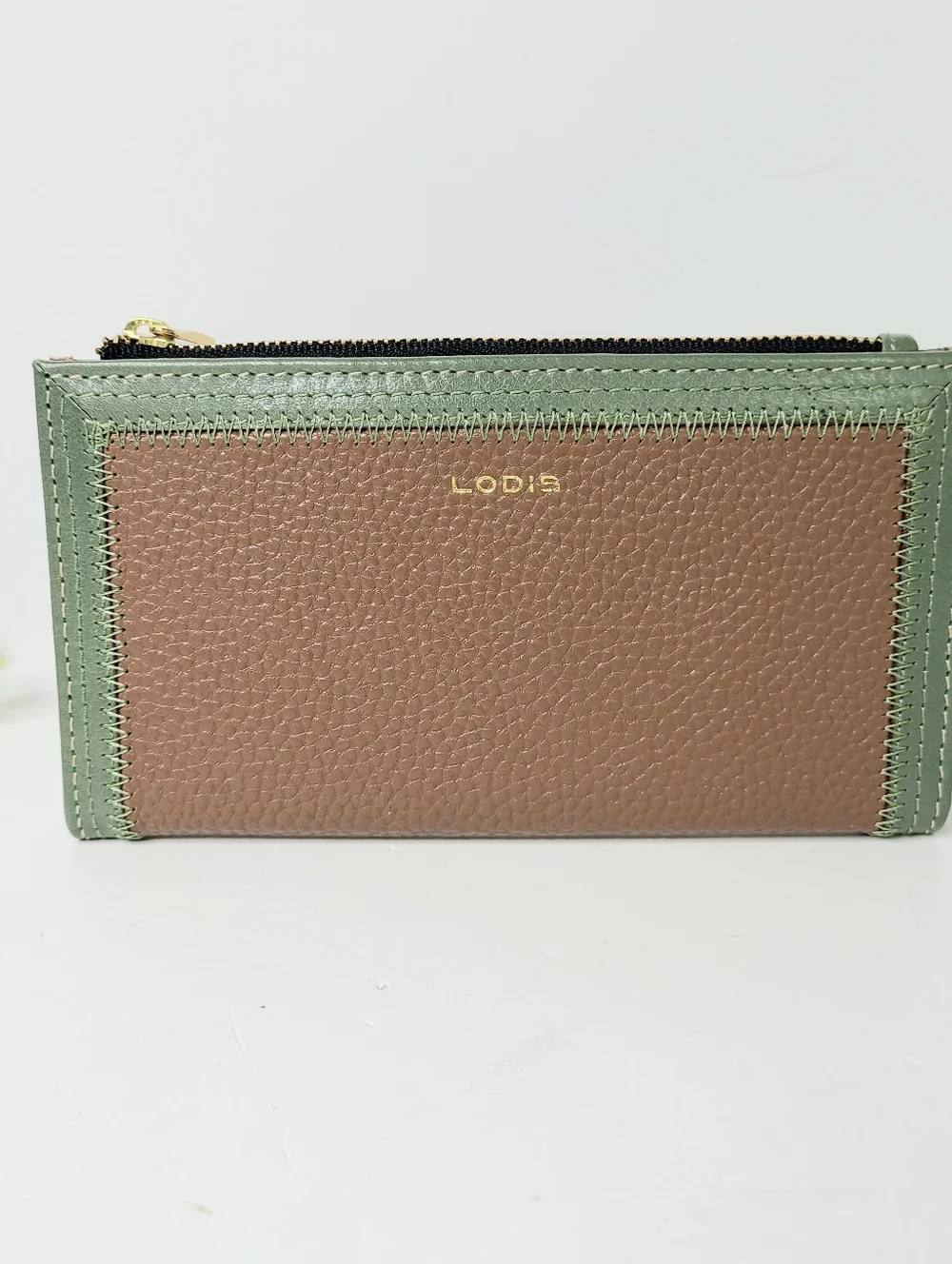 Lodis Color Block Genuine Leather Brown Green Bifold Wallet